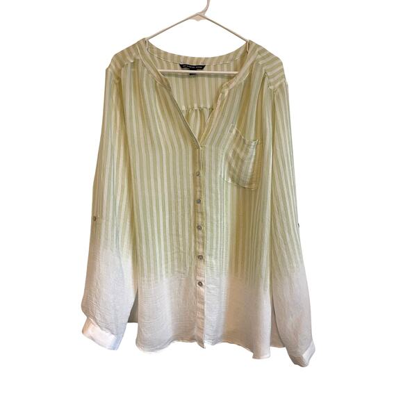 Zac & Rachel Woman button front blouse lightweight long sleeve green stripe 2X - Picture 1 of 7